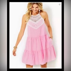 Lilly Pulitzer BRITT SEERSUCKER STRIPED HALTER DRESS size 16